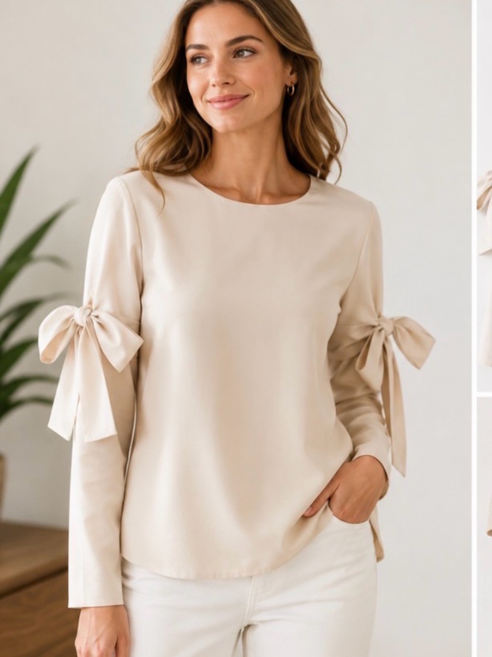 C.O.S. Cream Bow Sleeve Blouse Elegant Long Sleeve Top Size 10